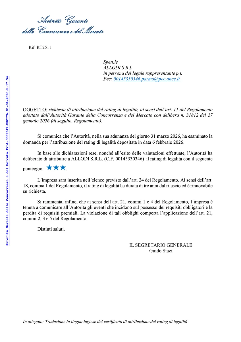 Rating di Legalità 2026 - Impresa Allodi