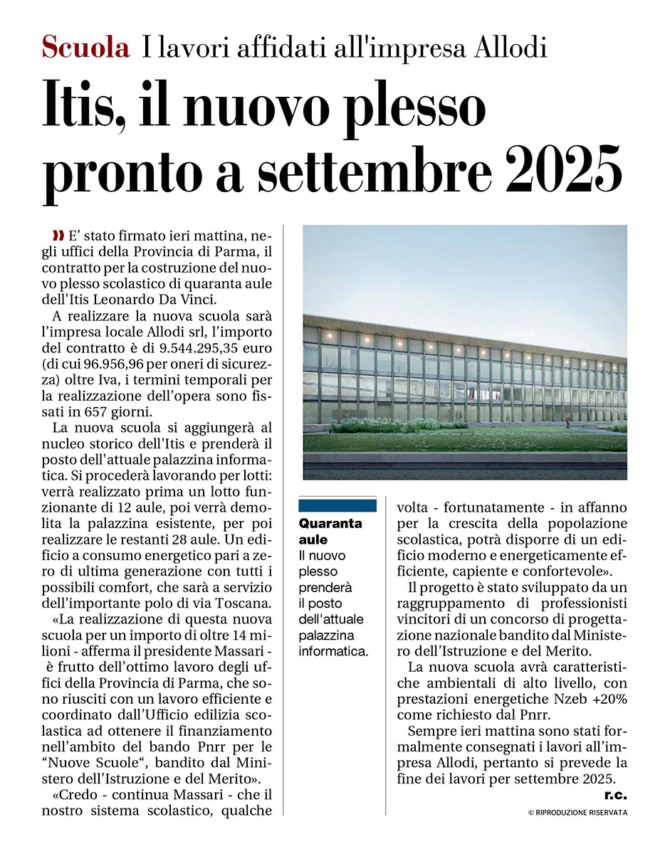 Articolo Gazzetta di Parma sul nuovo plesso itis del 2024