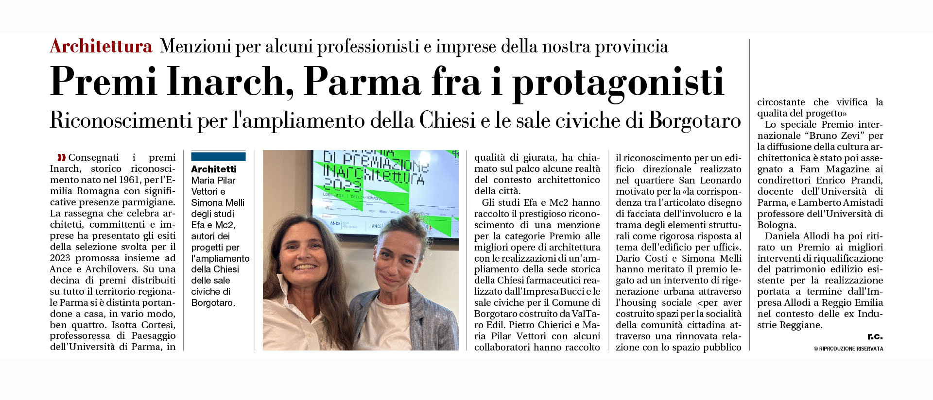 Gazzetta di Parma articolo Premi Inarch 2023
