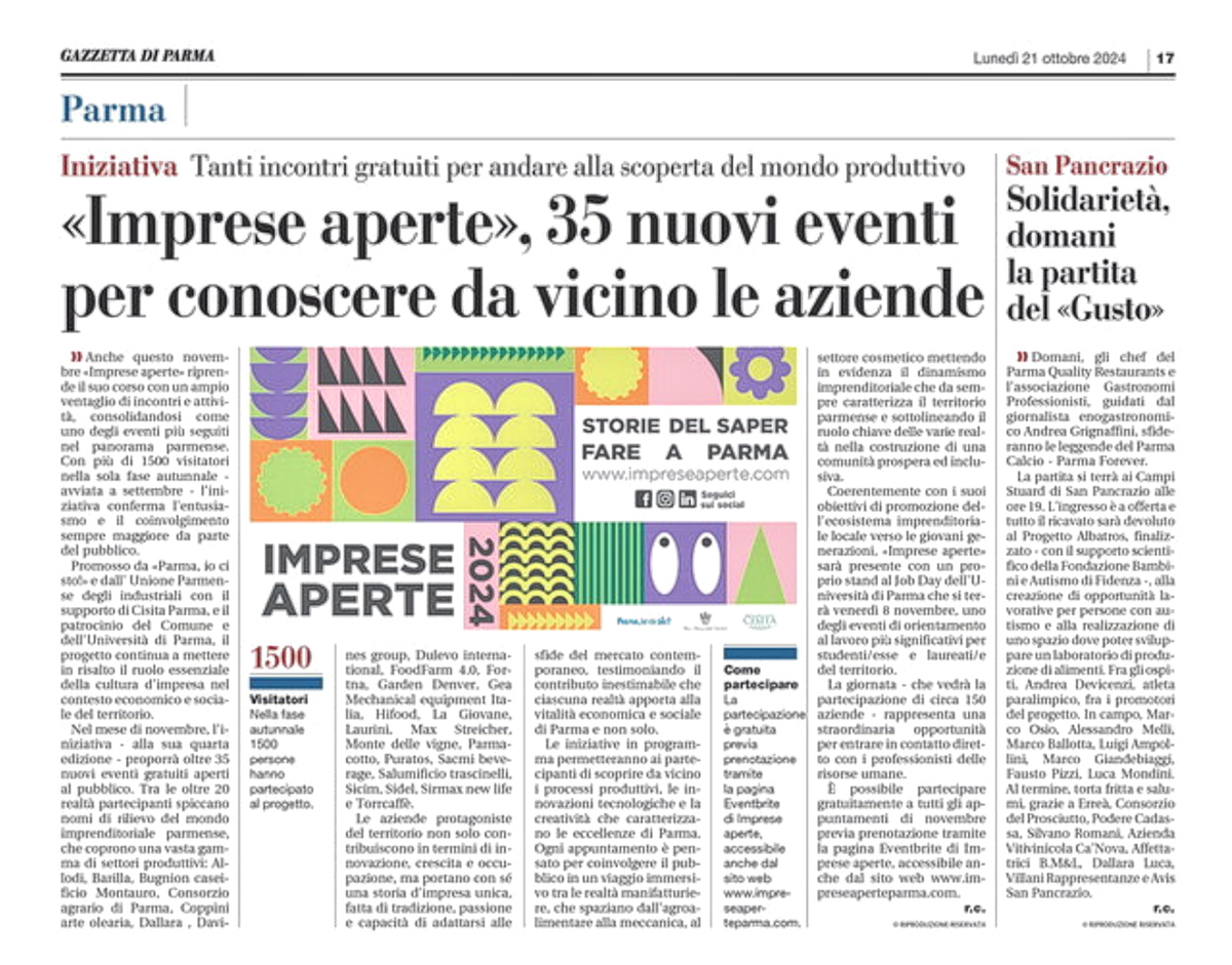 Imprese Aperte - 35 nuovi eventi per conoscere da vicino le aziende - Gazzetta di Parma