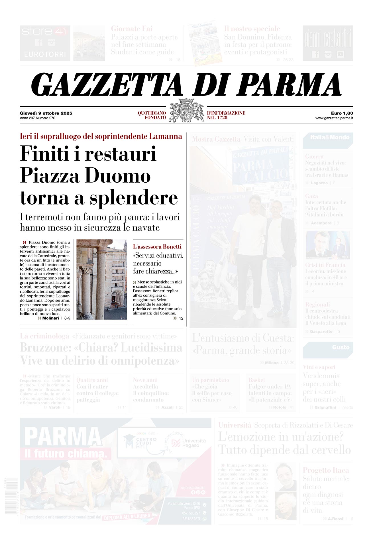Piiazza Duomo. Addio ai ponteggi. Gazzetta di Parma 9 ottobre 2025 - prima pagina