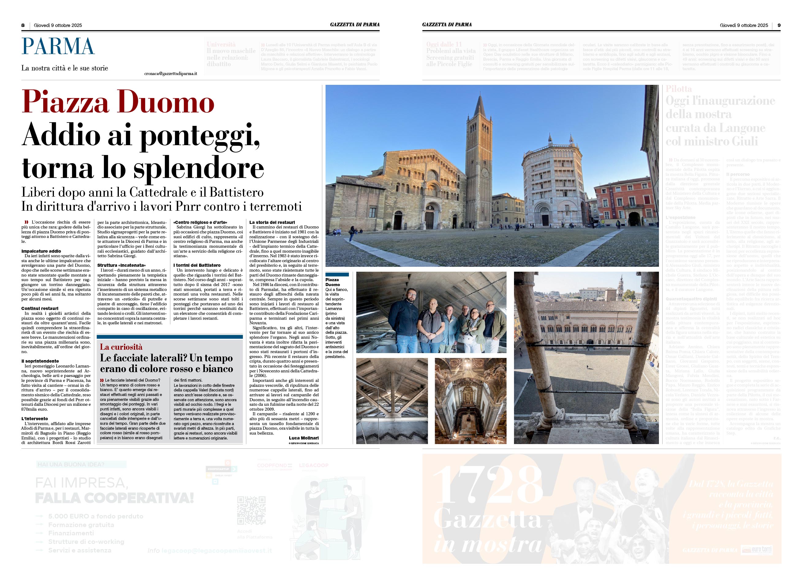 Piiazza Duomo. Addio ai ponteggi. Gazzetta di Parma 9 ottobre 2025