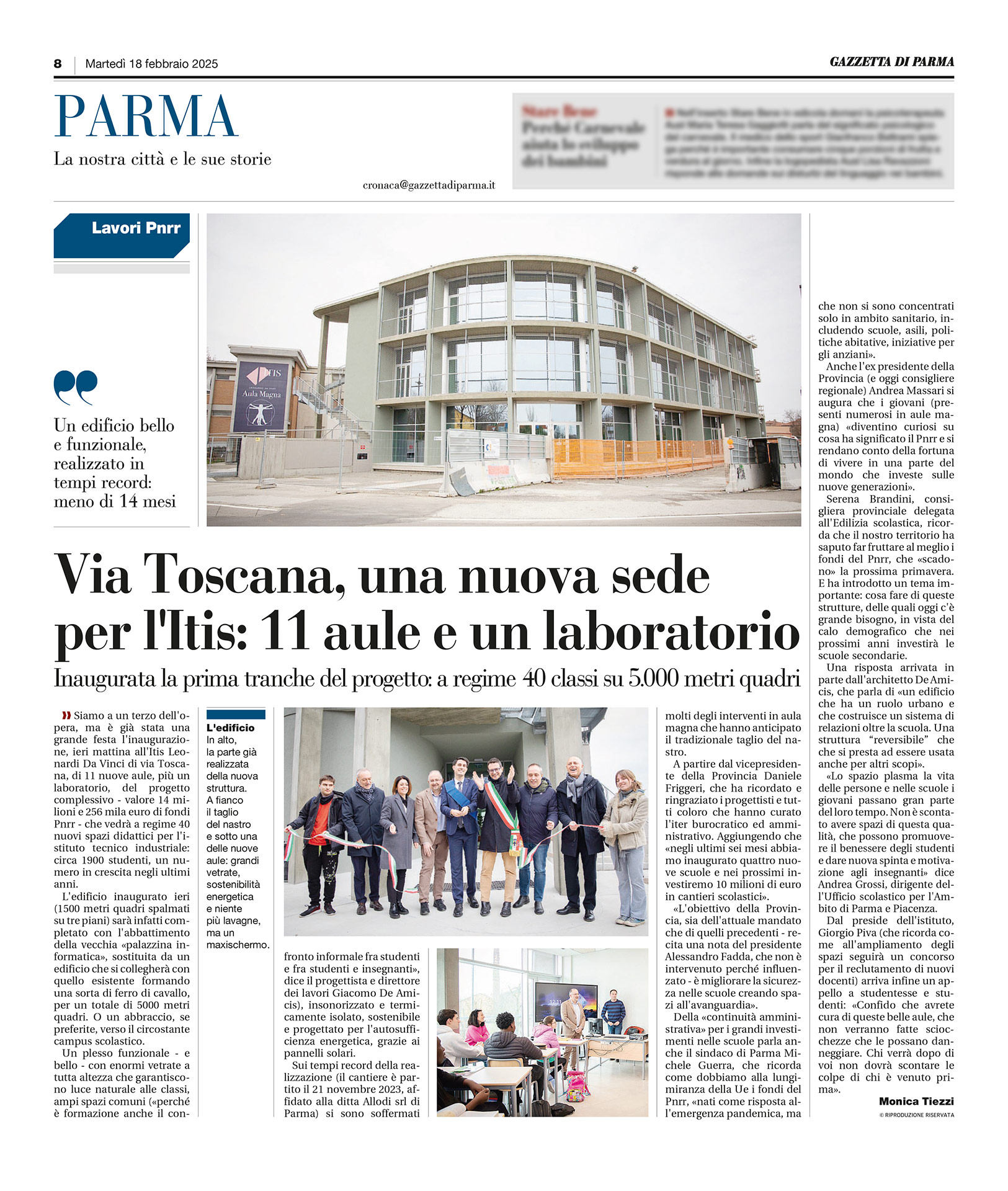 Via Toscana, inaugurata nuova sede ITIS - 11 aule e 1 laboratorio - Gazzetta di Parma - 18 febbraio 2025
