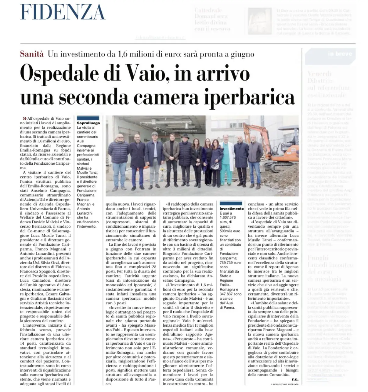 Ospedale di Vaio, in arrivo una seconda camera iperbarica